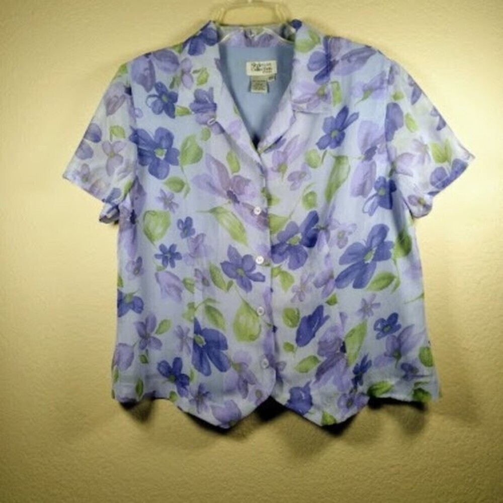 Style & Co. Collection Floral Short Sleeve Light Blue Button Up Top Size 12P